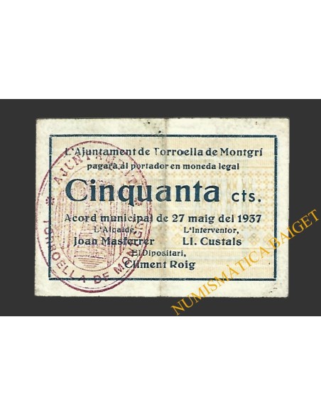 TORROELLA DE MONTGRÍ (Girona) 50 cèntims 27 de maig del 1937 