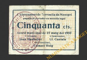 TORROELLA DE MONTGRÍ (Girona) 50 cèntims 27 de maig del 1937 