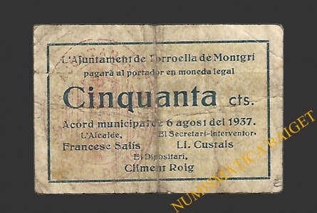 TORROELLA DE MONTGRÍ (Girona) 50 cèntims 6 d'agost del 1937 