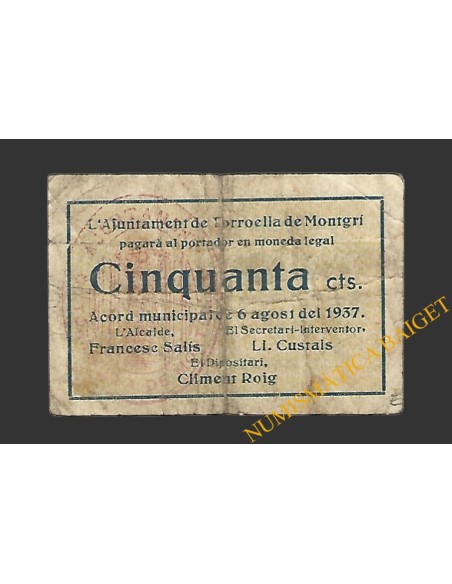 TORROELLA DE MONTGRÍ (Girona) 50 cèntims 6 d'agost del 1937 