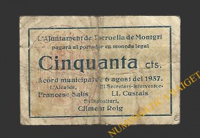 TORROELLA DE MONTGRÍ (Girona) 50 cèntims 6 d'agost del 1937 