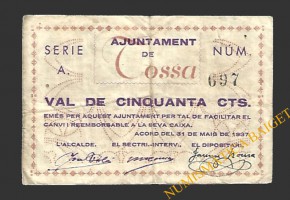 TOSSA (Girona) 50 cèntims 31 de maig del 1937