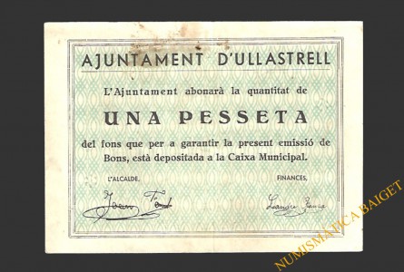 ULLASTRELL (Barcelona) 1 pesseta 15 de maig del 1937 