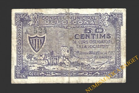 ULLDECONA (Tarragona) 50 cèntims 20 de març del 1937 