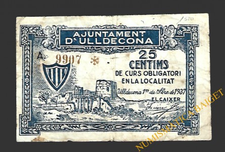 ULLDECONA (Tarragona) 25 cèntims 1 de setembre del 1937 