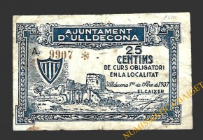 ULLDECONA (Tarragona) 25 cèntims 1 de setembre del 1937 