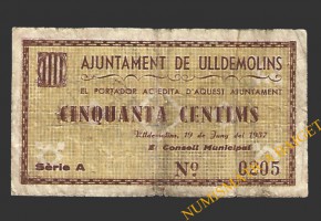 ULLDEMOLINS (Tarragona) 50 cèntims 19 de juny del 1937 
