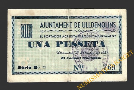 ULLDEMOLINS (Tarragona) 1 pesseta 1 d'octubre del 1937 