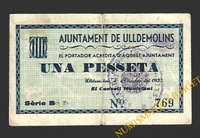 ULLDEMOLINS (Tarragona) 1 pesseta 1 d'octubre del 1937 