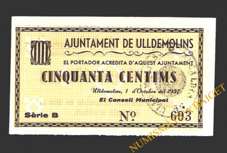 ULLDEMOLINS (Tarragona) 50 cèntims 1 d'octubre del 1937 