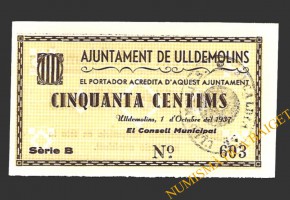ULLDEMOLINS (Tarragona) 50 cèntims 1 d'octubre del 1937 