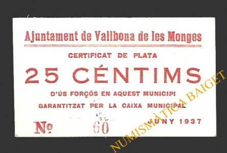 VALLBONA DE LES MONGES (Lleida) 25 cèntims juny del 1937 