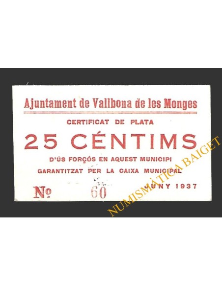 VALLBONA DE LES MONGES (Lleida) 25 cèntims juny del 1937 