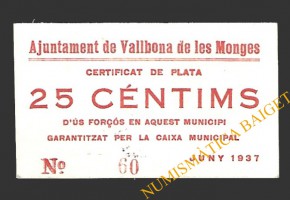 VALLBONA DE LES MONGES (Lleida) 25 cèntims juny del 1937 