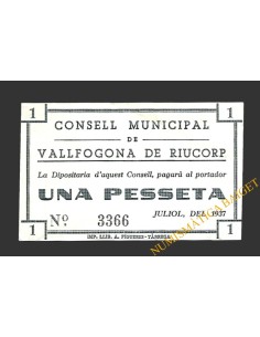 VALLFOGONA DE RIUCORP (Tarragona) 1 pesseta  juliol del 1937 