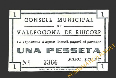 VALLFOGONA DE RIUCORP (Tarragona) 1 pesseta  juliol del 1937 