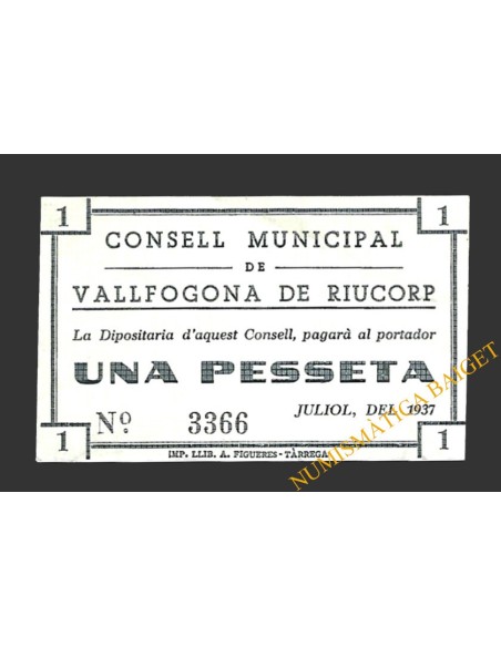 VALLFOGONA DE RIUCORP (Tarragona) 1 pesseta  juliol del 1937 