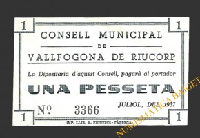VALLFOGONA DE RIUCORP (Tarragona) 1 pesseta  juliol del 1937 
