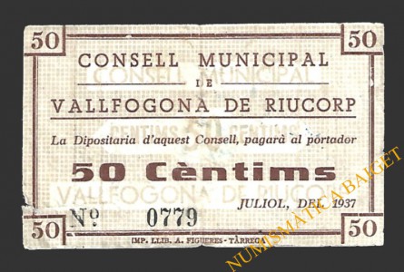 VALLFOGONA DE RIUCORP (Tarragona)  50 cèntims  juliol del 1937 