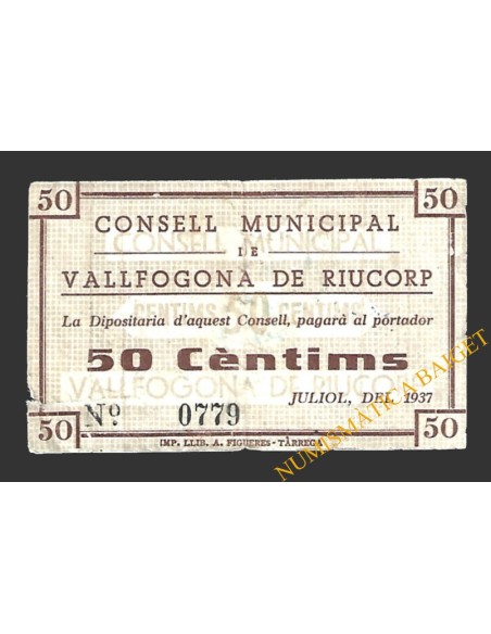 VALLFOGONA DE RIUCORP (Tarragona)  50 cèntims  juliol del 1937 