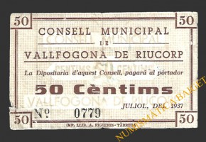 VALLFOGONA DE RIUCORP (Tarragona)  50 cèntims  juliol del 1937 