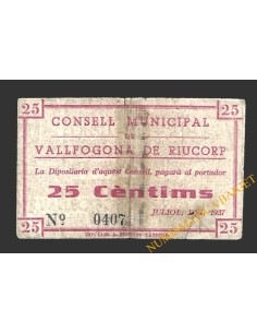 VALLFOGONA DE RIUCORP (Tarragona)  25 cèntims  juliol del 1937 