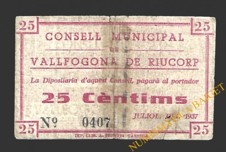 VALLFOGONA DE RIUCORP (Tarragona)  25 cèntims  juliol del 1937 