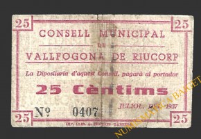 VALLFOGONA DE RIUCORP (Tarragona)  25 cèntims  juliol del 1937 