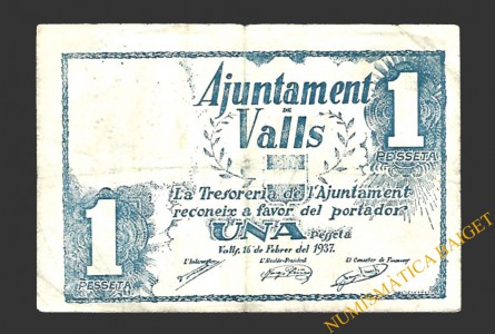 VALLS (Tarragona)  1 pesseta, 16 de febrer del 1937 