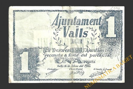 VALLS (Tarragona)  1 pesseta, 16 de febrer del 1937 