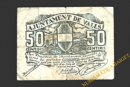 VALLS (Tarragona)  50 cèntims, 19 de maig del 1937 