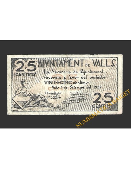 VALLS (Tarragona)  25 cèntims, 1 de setembre del 1937 