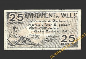 VALLS (Tarragona)  25 cèntims, 1 de setembre del 1937 