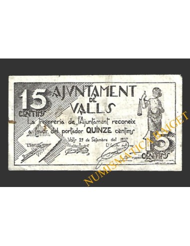 VALLS (Tarragona)  15 cèntims, 29 de setembre del 1937 