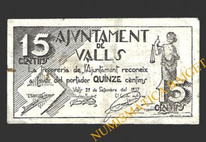 VALLS (Tarragona)  15 cèntims, 29 de setembre del 1937 