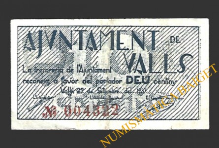 VALLS (Tarragona)  10 cèntims, 29 de setembre del 1937 