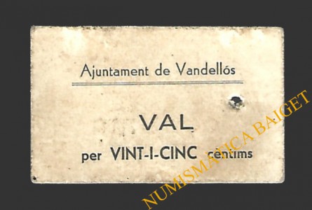 VANDELLÒS (Tarragona)  25 cèntims, 2 de maig del 1937