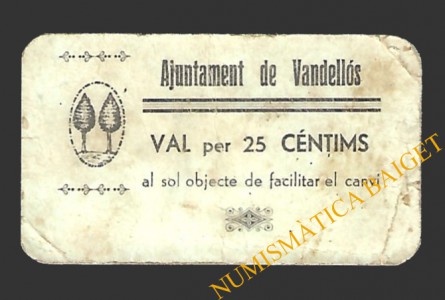 VANDELLÒS (Tarragona)  25 cèntims, 29 d'agost del 1937