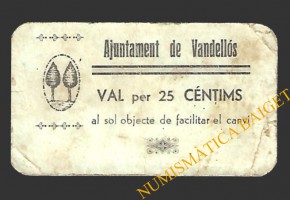 VANDELLÒS (Tarragona)  25 cèntims, 29 d'agost del 1937