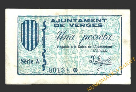 VERGES (Girona)  1 pesseta, 2 de juliol del 1937