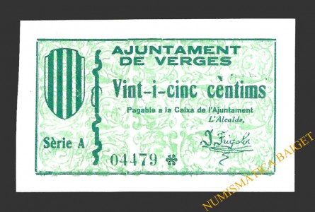 VERGES (Girona)  25 cèntims, 2 de juliol del 1937