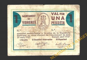 VIDRERES (Girona) 1 pesseta, abril del 1937