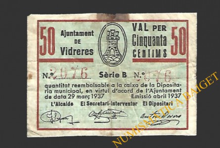VIDRERES (Girona) 50 cèntims, abril del 1937