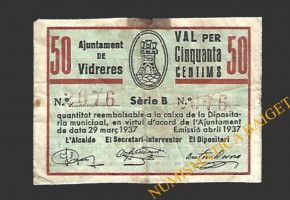 VIDRERES (Girona) 50 cèntims, abril del 1937