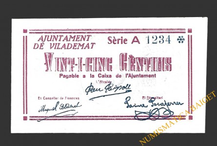 VILADEMAT (Girona) 25 cèntims, 1937