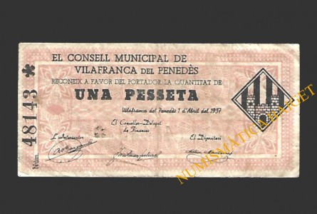 VILAFRANCA (Barcelona) 1 pesseta 1 d'abril del 1937