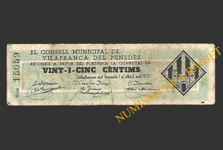 VILAFRANCA (Barcelona) 25 cèntims 1 d'abril del 1937