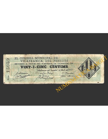 VILAFRANCA (Barcelona) 25 cèntims 1 d'abril del 1937