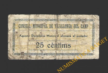 VILALLONGA DEL CAMP (Tarragona)  25 cèntims 1937 