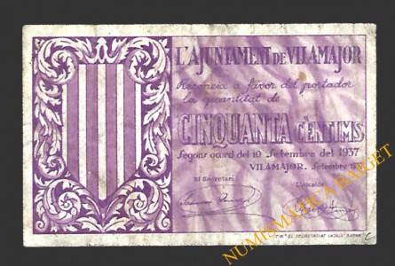 VILAMAJOR (Barcelona)  50 cèntims 10 de setembre del 1937 
